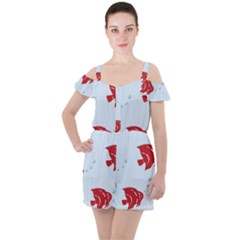 Fish Red Sea Water Swimming Ruffle Cut Out Chiffon Playsuit