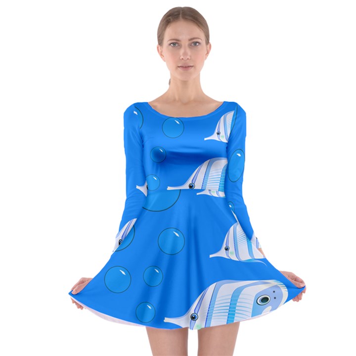 Fish School Bubbles Underwater Sea Long Sleeve Skater Dress