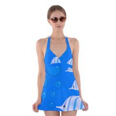 Fish School Bubbles Underwater Sea Halter Dress Swimsuit 