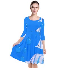 Fish School Bubbles Underwater Sea Quarter Sleeve Waist Band Dress