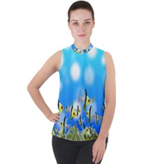 Fish Underwater Sea World Mock Neck Chiffon Sleeveless Top