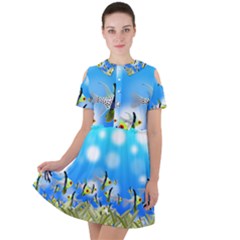 Fish Underwater Sea World Short Sleeve Shoulder Cut Out Dress 