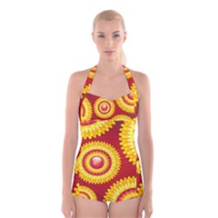 Floral Abstract Background Texture Boyleg Halter Swimsuit 