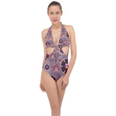 Floral Flower Stylised Halter Front Plunge Swimsuit