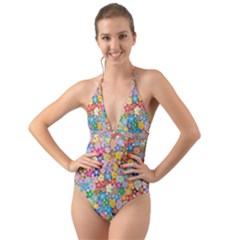 Floral Flowers Abstract Art Halter Cut-out One Piece Swimsuit