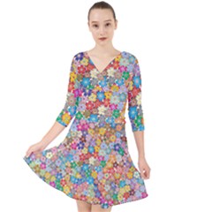 Floral Flowers Abstract Art Quarter Sleeve Front Wrap Dress