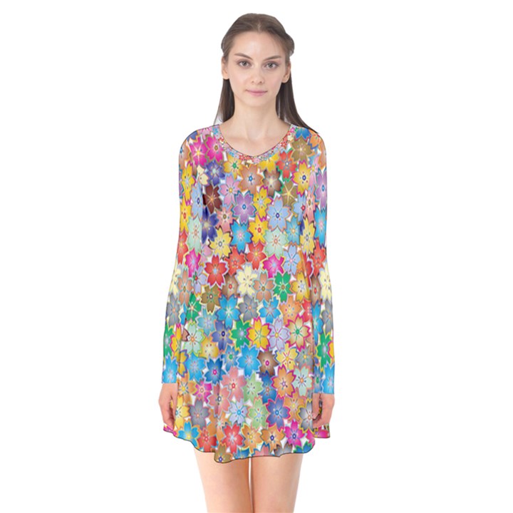 Floral Flowers Abstract Art Long Sleeve V-neck Flare Dress