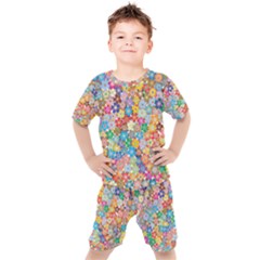 Floral Flowers Abstract Art Kids  Tee And Shorts Set