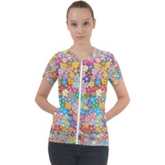 Floral Flowers Abstract Art Short Sleeve Zip Up Jacket