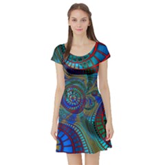 Fractal Abstract Line Wave Short Sleeve Skater Dress