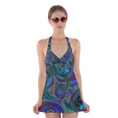 Fractal Abstract Line Wave Halter Dress Swimsuit 