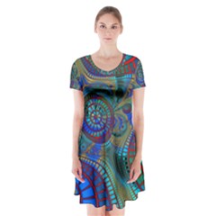 Fractal Abstract Line Wave Short Sleeve V-neck Flare Dress