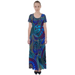 Fractal Abstract Line Wave High Waist Short Sleeve Maxi Dress