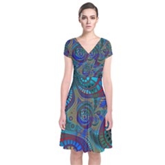 Fractal Abstract Line Wave Short Sleeve Front Wrap Dress