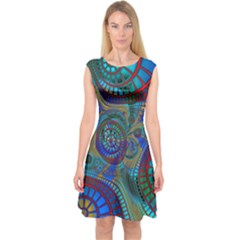 Fractal Abstract Line Wave Capsleeve Midi Dress