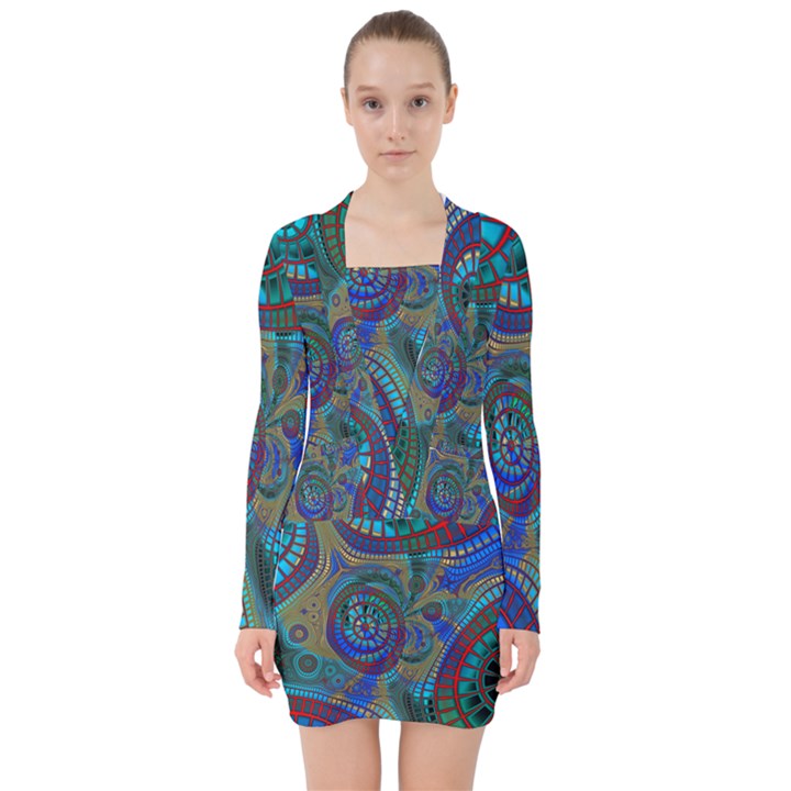 Fractal Abstract Line Wave V-neck Bodycon Long Sleeve Dress