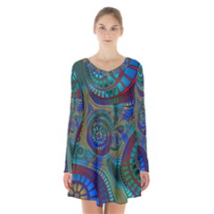 Fractal Abstract Line Wave Long Sleeve Velvet V-neck Dress