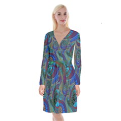 Fractal Abstract Line Wave Long Sleeve Velvet Front Wrap Dress