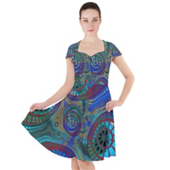 Fractal Abstract Line Wave Cap Sleeve Midi Dress