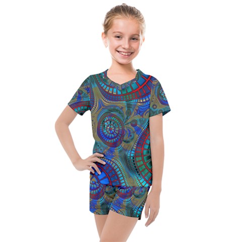 Fractal Abstract Line Wave Kids  Mesh Tee And Shorts Set by HermanTelo