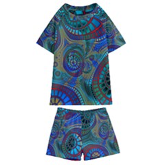 Fractal Abstract Line Wave Kids  Swim Tee And Shorts Set