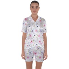 Floral Pink Blue Satin Short Sleeve Pyjamas Set by HermanTelo