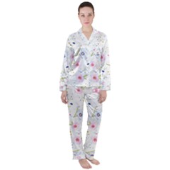 Floral Pink Blue Satin Long Sleeve Pyjamas Set