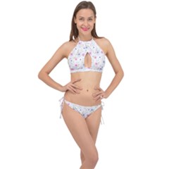 Floral Pink Blue Cross Front Halter Bikini Set