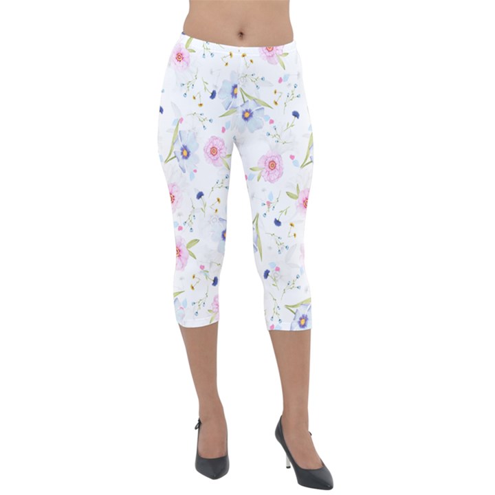 Floral Pink Blue Lightweight Velour Capri Leggings 