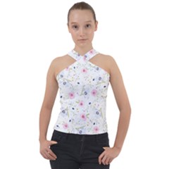 Floral Pink Blue Cross Neck Velour Top