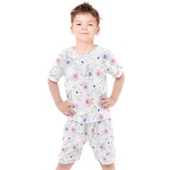 Floral Pink Blue Kids  Tee And Shorts Set