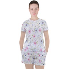 Floral Pink Blue Women s Tee And Shorts Set