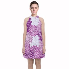 Floral Purple Velvet Halter Neckline Dress 