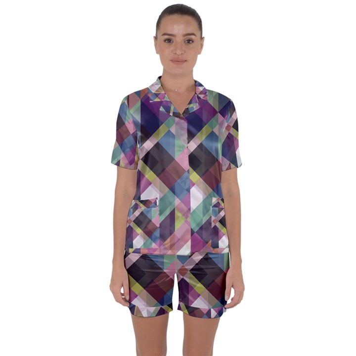 Geometric Blue Violet Pink Satin Short Sleeve Pyjamas Set