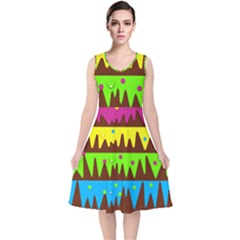 Illustration Abstract Graphic Rainbow V-neck Midi Sleeveless Dress 