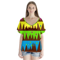 Illustration Abstract Graphic Rainbow V-neck Flutter Sleeve Top by HermanTelo