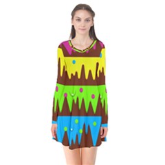 Illustration Abstract Graphic Rainbow Long Sleeve V-neck Flare Dress