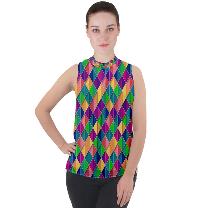 Geometric Triangle Mock Neck Chiffon Sleeveless Top