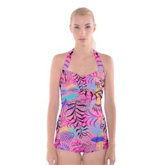 Illustration Reason Leaves Boyleg Halter Swimsuit 