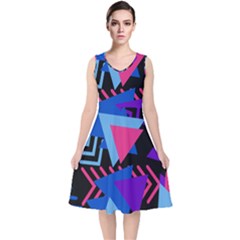 Memphis Pattern Geometric Abstract V-neck Midi Sleeveless Dress  by HermanTelo