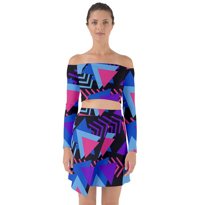 Memphis Pattern Geometric Abstract Off Shoulder Top with Skirt Set