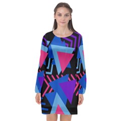 Memphis Pattern Geometric Abstract Long Sleeve Chiffon Shift Dress 