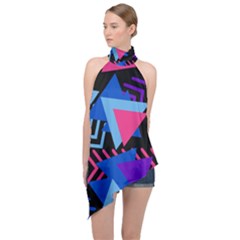 Memphis Pattern Geometric Abstract Halter Asymmetric Satin Top by HermanTelo