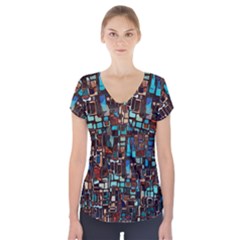 Mosaic Abstract Short Sleeve Front Detail Top