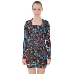 Mosaic Abstract V-neck Bodycon Long Sleeve Dress