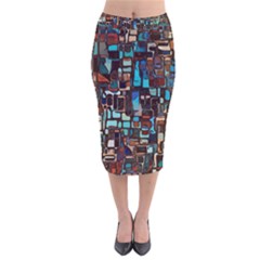 Mosaic Abstract Velvet Midi Pencil Skirt