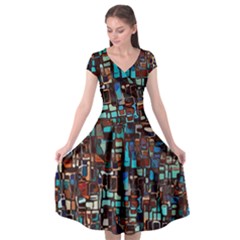 Mosaic Abstract Cap Sleeve Wrap Front Dress