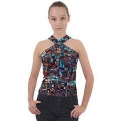 Mosaic Abstract Cross Neck Velour Top