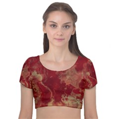 Marble Red Yellow Background Velvet Short Sleeve Crop Top 