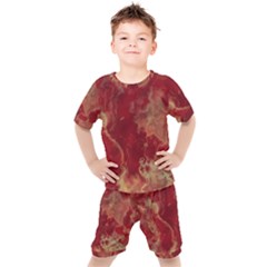 Marble Red Yellow Background Kids  Tee And Shorts Set